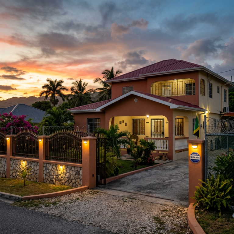 Two-story house with lights on, surrounded by a gated fence and tropical plants at sunset