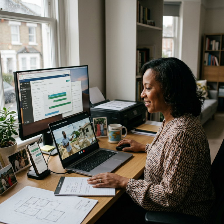 Woman at a desk working on laptop with video call and planning software on screens