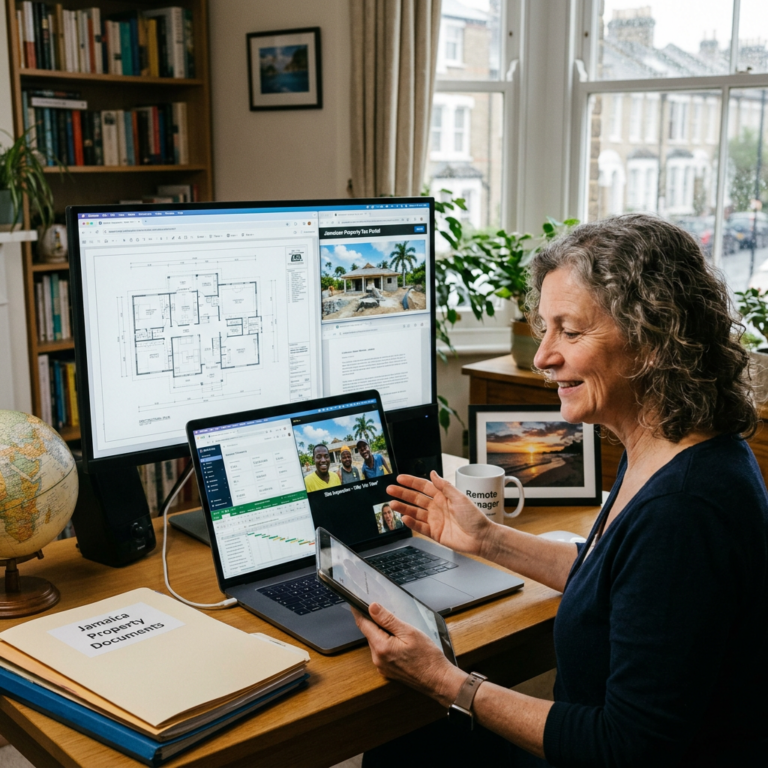 Woman using tablet and laptop for video call with property documents and floor plans on screens