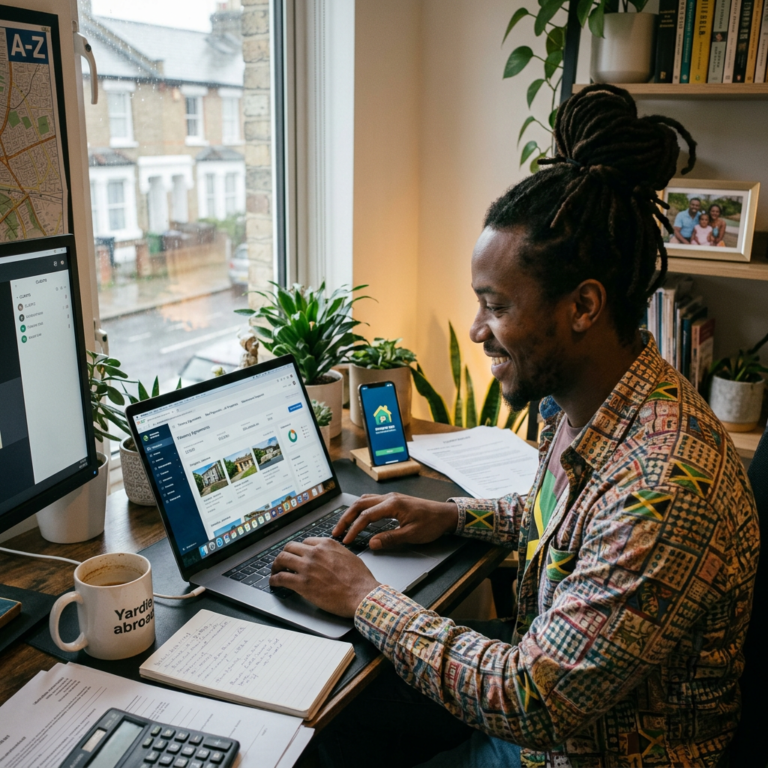 Man typing on laptop with real estate website open, smiling at desk