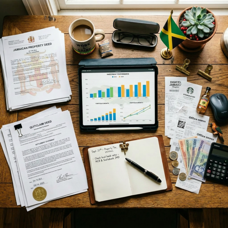 Wooden desk with property deed and quitclaim deed documents, receipts, tablet showing investment performance charts, notebook with pen, calculator, money, glasses, coffee mug, and a succulent plant