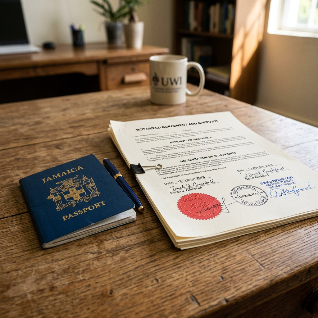 Jamaican passport beside notarized agreement and pen on wooden desk
