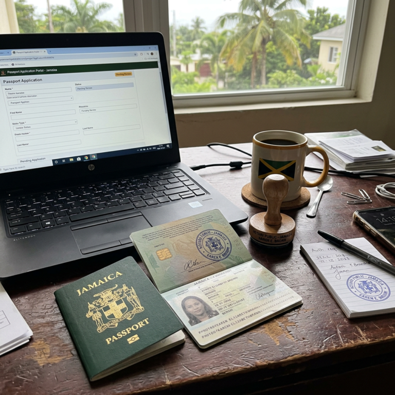 Jamaican passport, open passport, laptop with application form, notary stamp, coffee mug, and documents on wooden desk