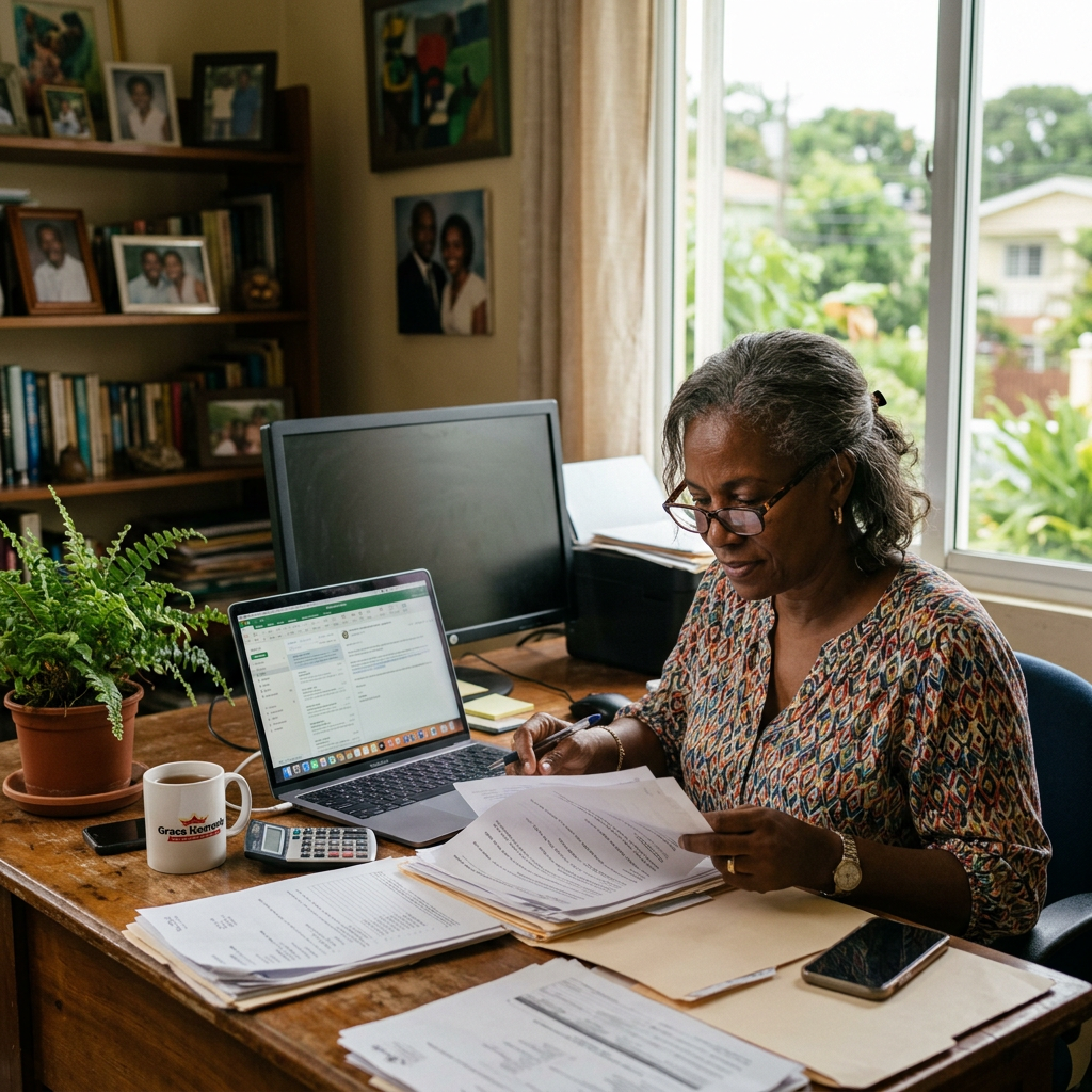 Woman reading and marking financial papers at a desk with laptop and calculator