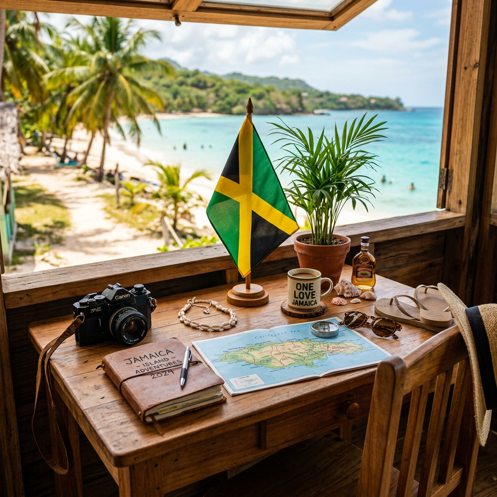 Desk with Jamaican flag, travel map, camera, journal, and beach view