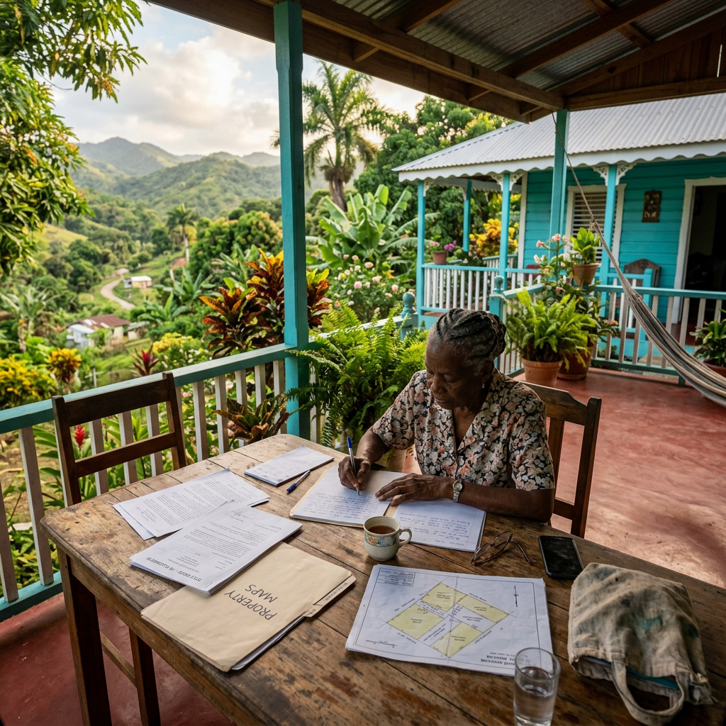 Woman writing at a wooden table on a porch with property maps and documents