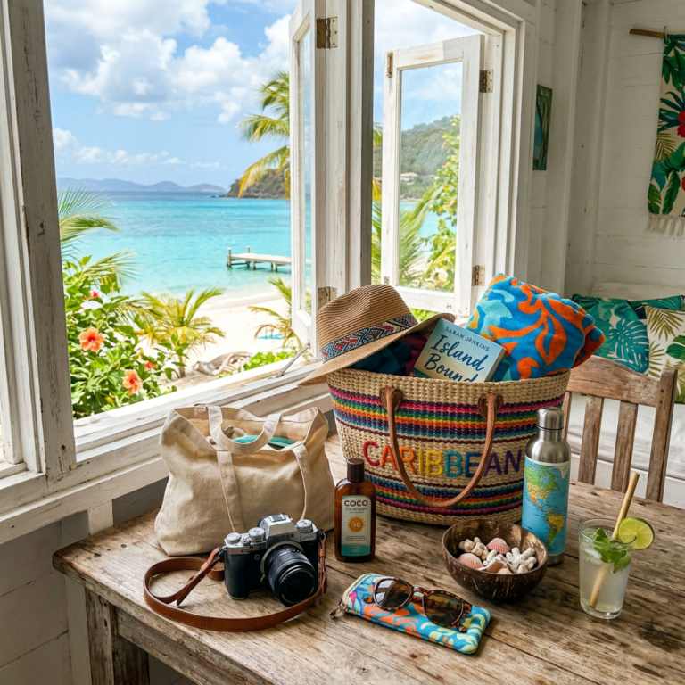 Beach bag with hat, towel, book, camera, sunscreen, sunglasses, water bottle, bowl with shells, and a refreshing drink on wooden table by window