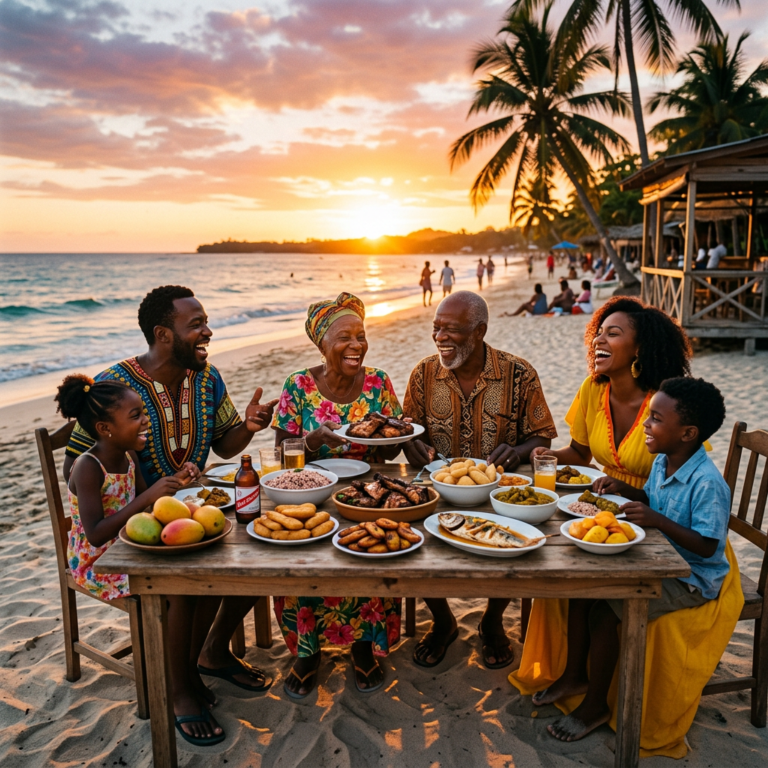 Multigenerational family seated at a wooden table on a sandy beach eating traditional dishes and laughing at sunset