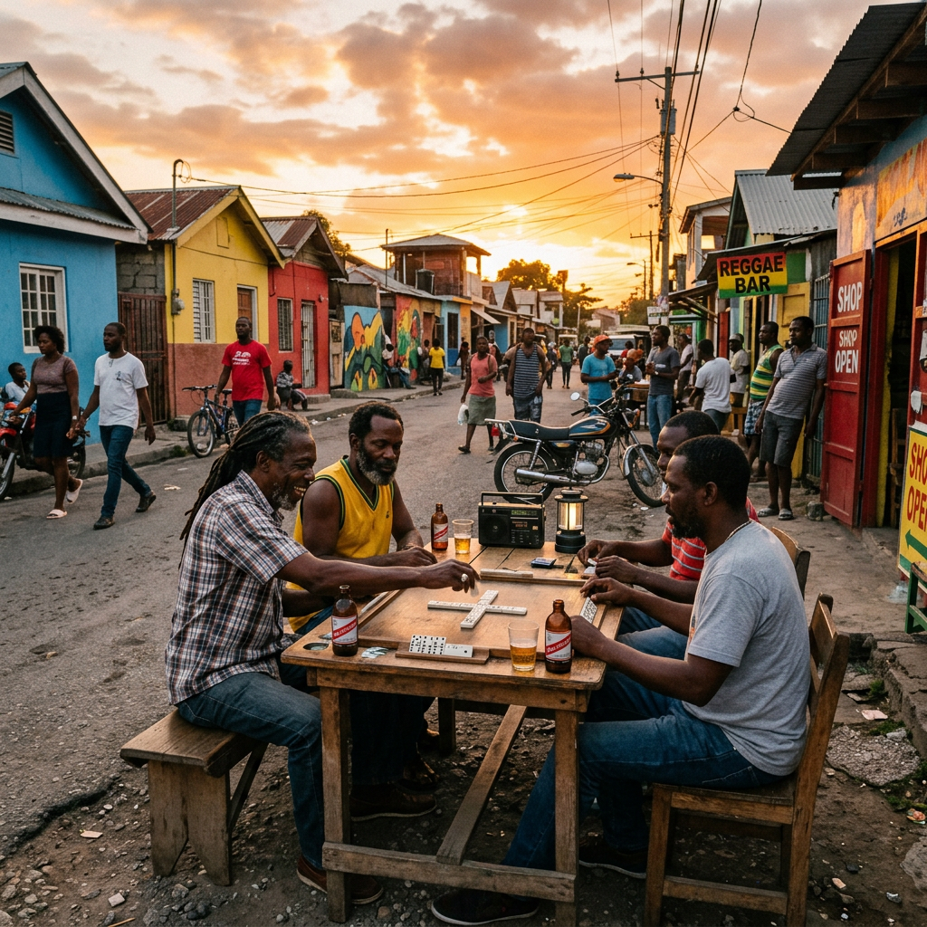 Four men playing dominoes at a wooden table on a street with colorful houses