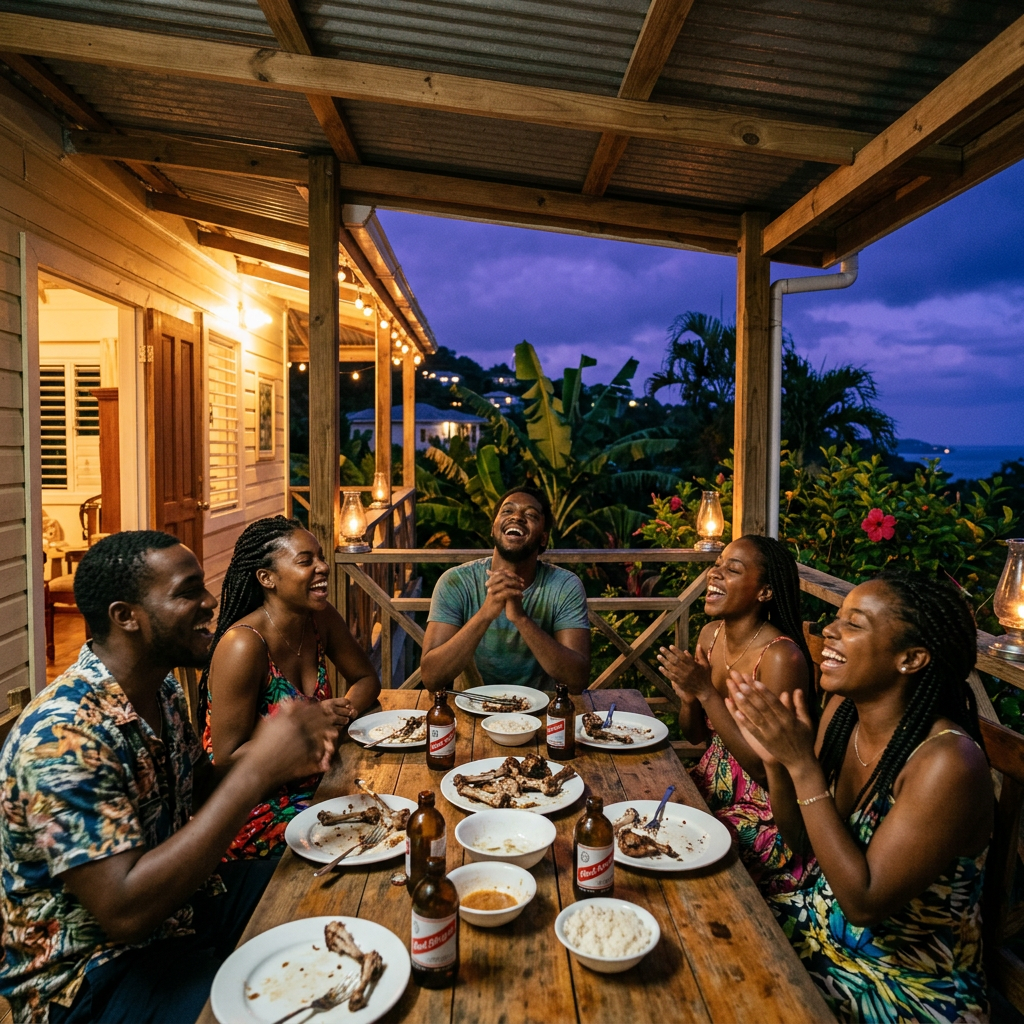 Group of friends laughing and eating dinner on a wooden porch at dusk