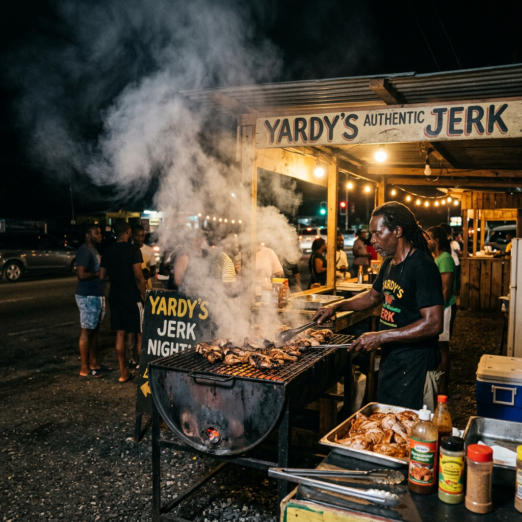 Man grilling jerk chicken on a charcoal grill at Yardy's food stall with smoky night market scene
