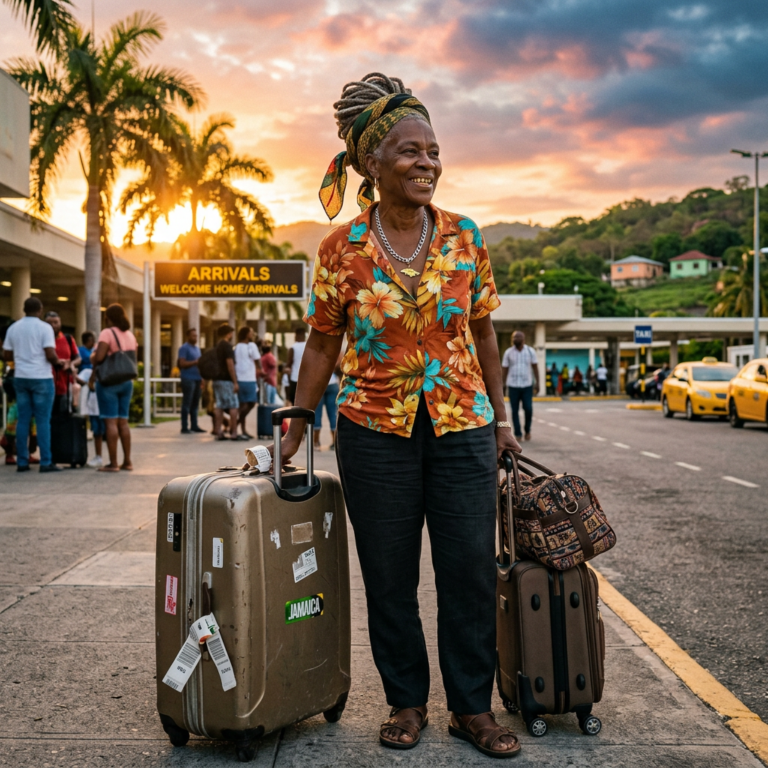 Returning to Jamaica After Years Abroad: What Many Jamaicans Don’t Expect Woman standing at airport arrivals with two suitcases and a patterned bag