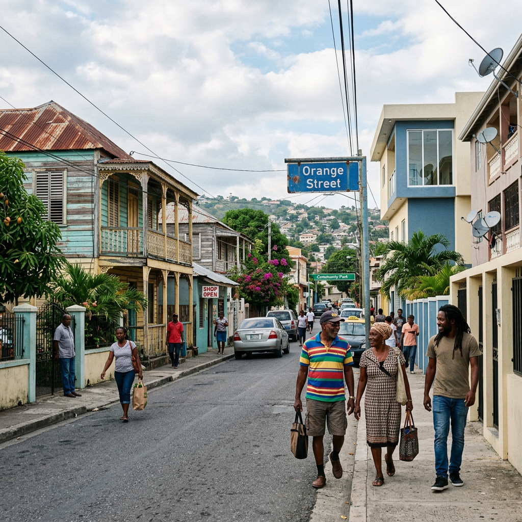 Returning to Jamaica After Years Abroad: What Many Jamaicans Don’t Expect People walking and chatting on Orange Street with wooden and modern buildings