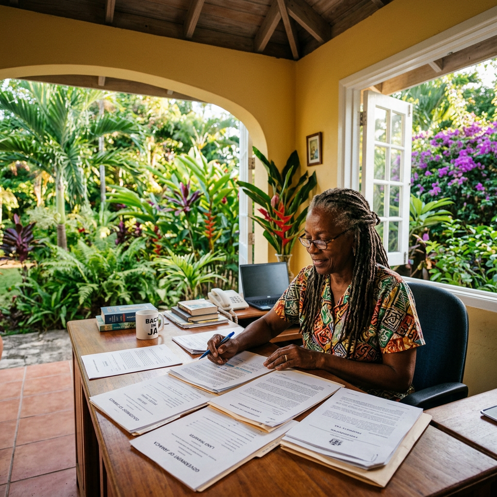 Returning to Jamaica After Years Abroad: What Many Jamaicans Don’t Expect Woman sitting at wooden desk signing papers with open windows showing tropical plants outside