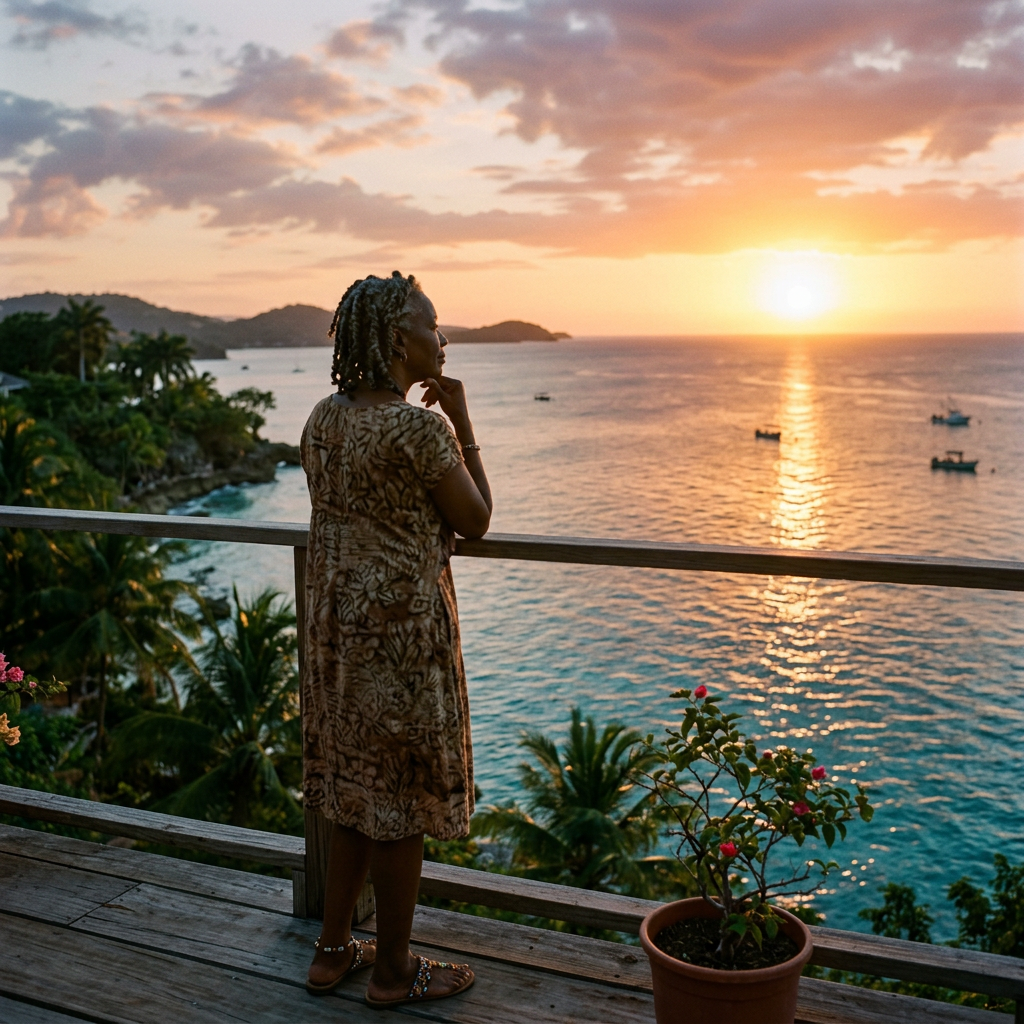 Returning to Jamaica After Years Abroad: What Many Jamaicans Don’t Expect Woman standing on a balcony overlooking a sunset ocean view with boats and islands visible