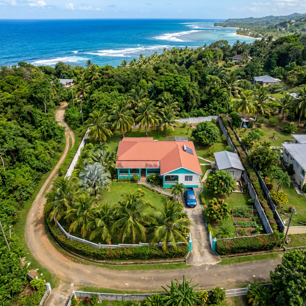 Colorful house with red roof and palm trees near a tropical coastline