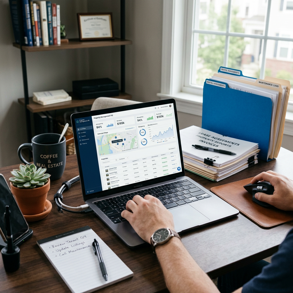 Laptop screen showing property management dashboard with charts and maps