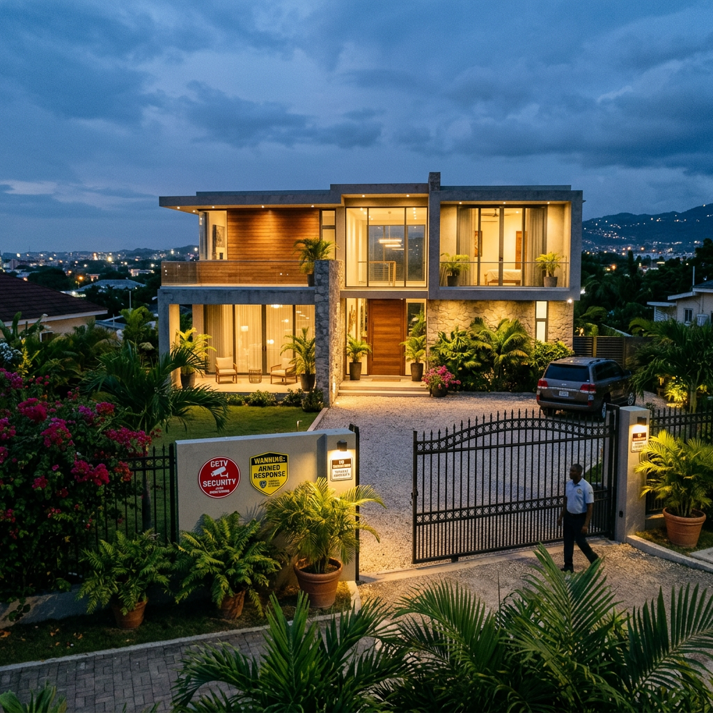 Modern two-story luxury house with illuminated interiors, a gated entrance, and security guard at dusk