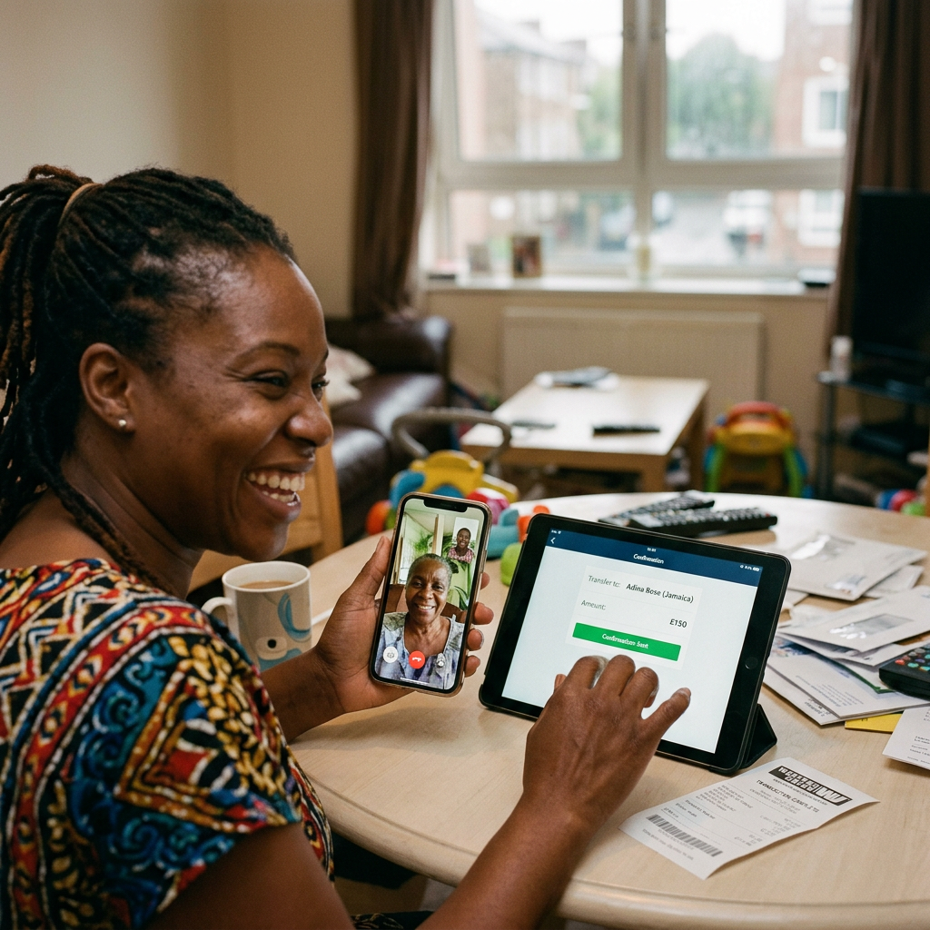 The New 1% U.S. Remittance Tax: What Jamaicans Abroad Need to Know Before Sending Money Home Woman video calling on smartphone and confirming money transfer on tablet