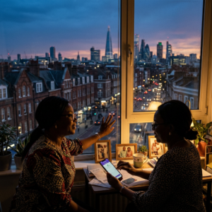 Two women sitting by a window with a city skyline view at dusk, one holding a smartphone.