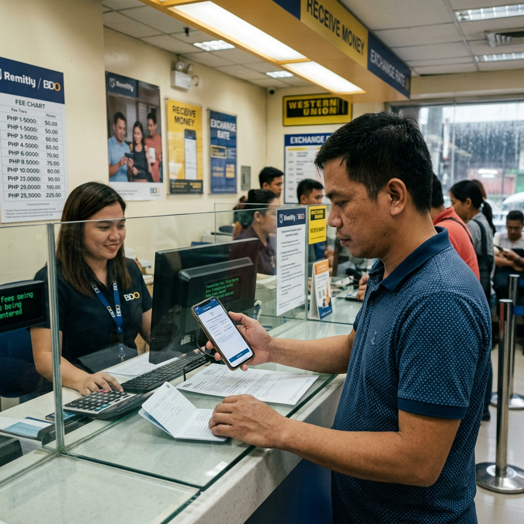 The New 1% U.S. Remittance Tax: What Jamaicans Abroad Need to Know Before Sending Money Home Man holding phone and passport at a money transfer counter with employee assisting