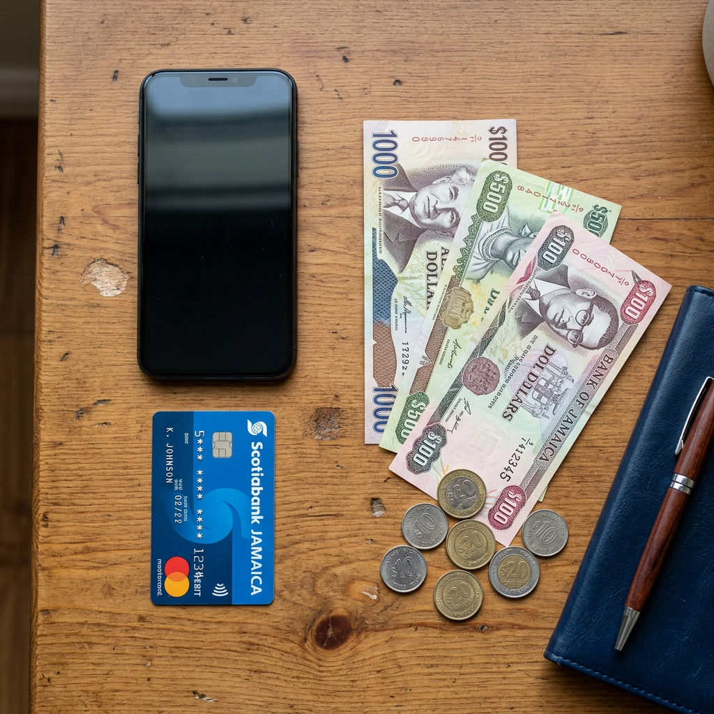 The New 1% U.S. Remittance Tax: What Jamaicans Abroad Need to Know Before Sending Money Home Black smartphone, Scotiabank Jamaica debit card, Jamaican dollar banknotes and coins, blue notebook, and pen on wooden surface