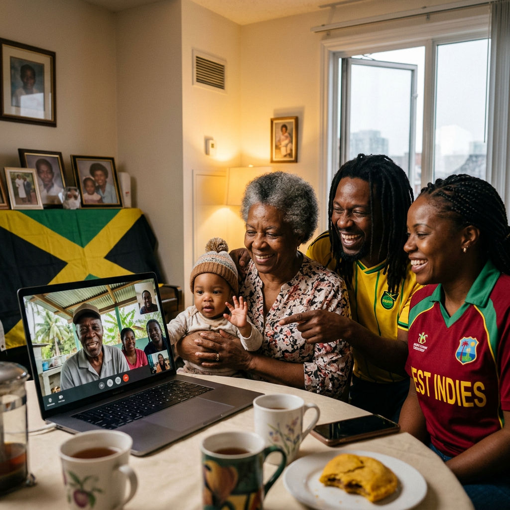 Family video chatting on laptop with relatives showing Caribbean heritage