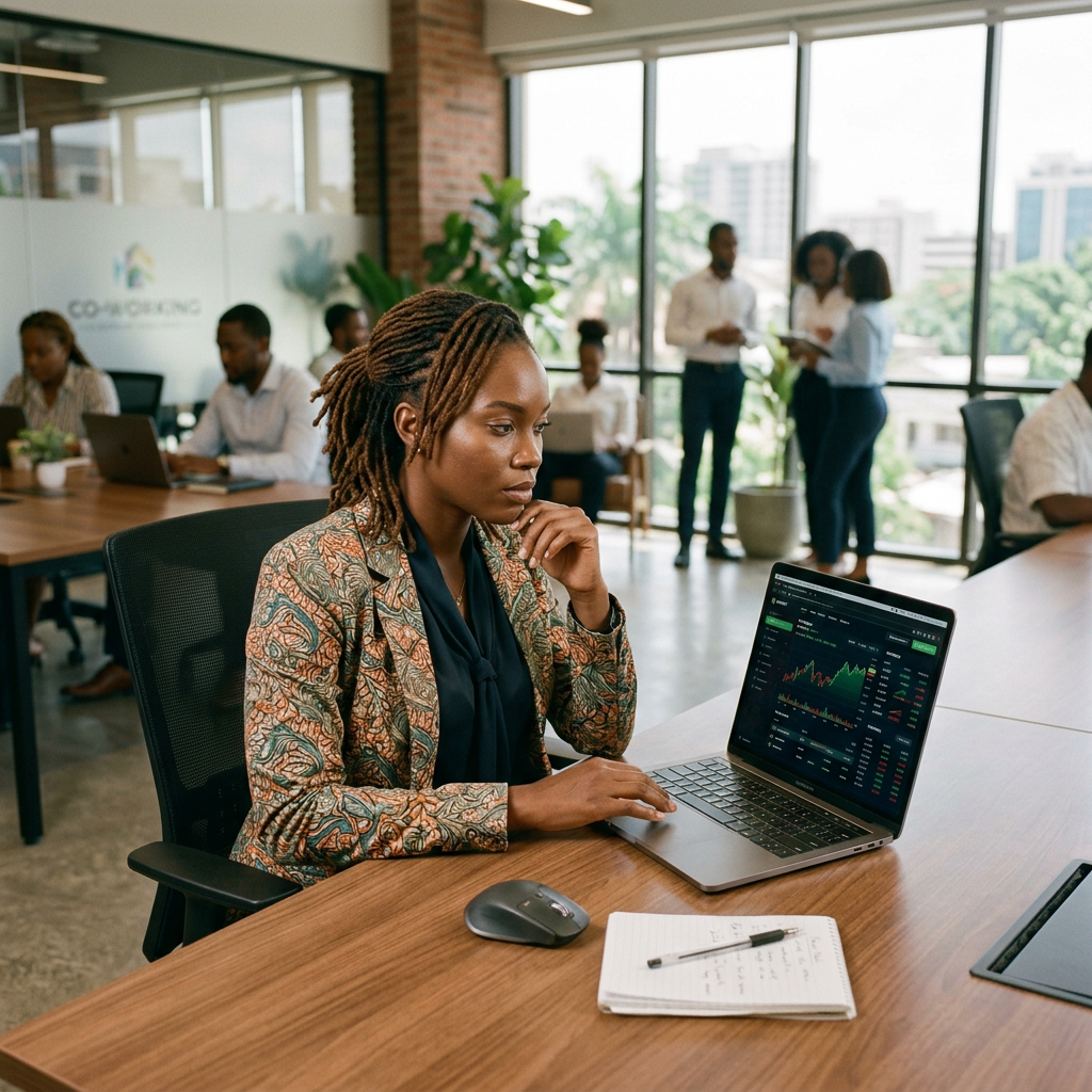 Woman looking at stock market graphs on laptop in coworking office