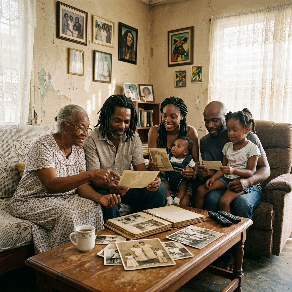 Multigenerational family looking at old family photographs around a wooden table