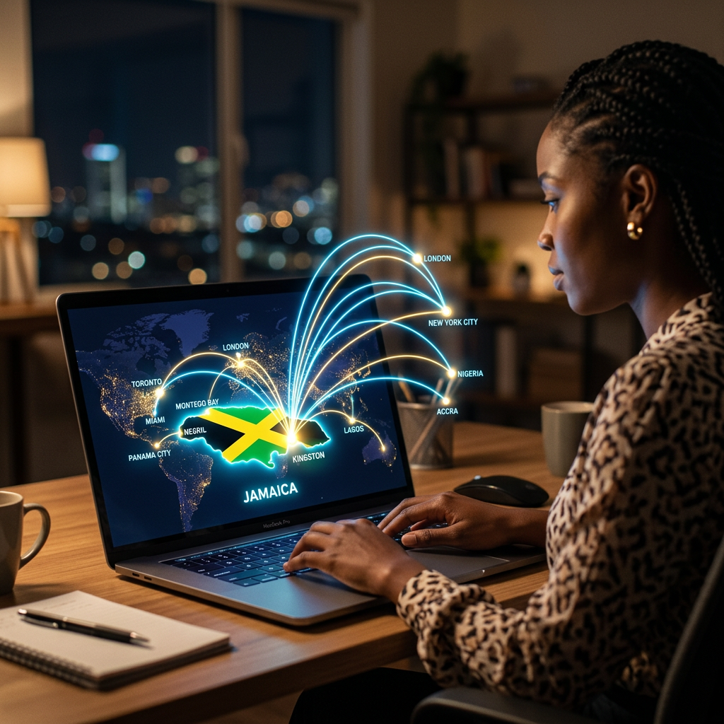 ConnectMeJA and JA-DEM: Two Government Platforms Every Jamaican Abroad Should Know About Digital map of Jamaica with lines connecting to cities like London, New York City, and Toronto