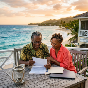 Couple smiling and reading documents on balcony by the ocean