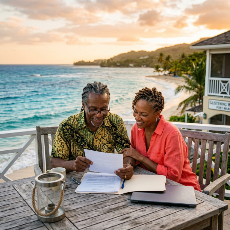 How to Buy Property in Jamaica From Abroad: A Step-by-Step Guide (2026) Couple smiling and reading documents on balcony by the ocean