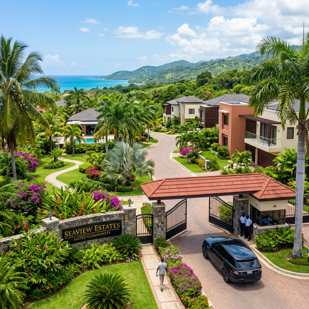 How to Buy Property in Jamaica From Abroad: A Step-by-Step Guide (2026) Entrance gate to Seaview Estates gated community with tropical landscaping and ocean in background