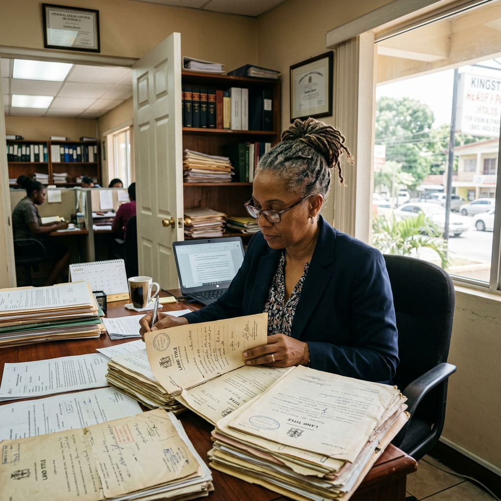 How to Buy Property in Jamaica From Abroad: A Step-by-Step Guide (2026) Woman sitting at a desk examining land title documents with a laptop and stacks of papers around