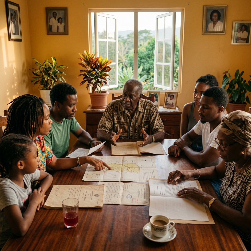 How to Buy Property in Jamaica From Abroad: A Step-by-Step Guide (2026) Multigenerational family sitting at a table examining maps and documents