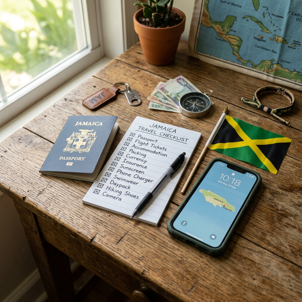 Jamaica passport, travel checklist with crossed items, phone showing Jamaica map, Jamaican flag, compass, money, and keychain on wooden table