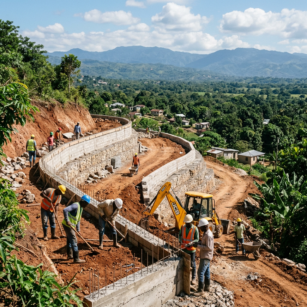Building a Home in Jamaica: Costs and Considerations for 2026 Workers constructing a winding concrete road along a hillside with mountains in the background