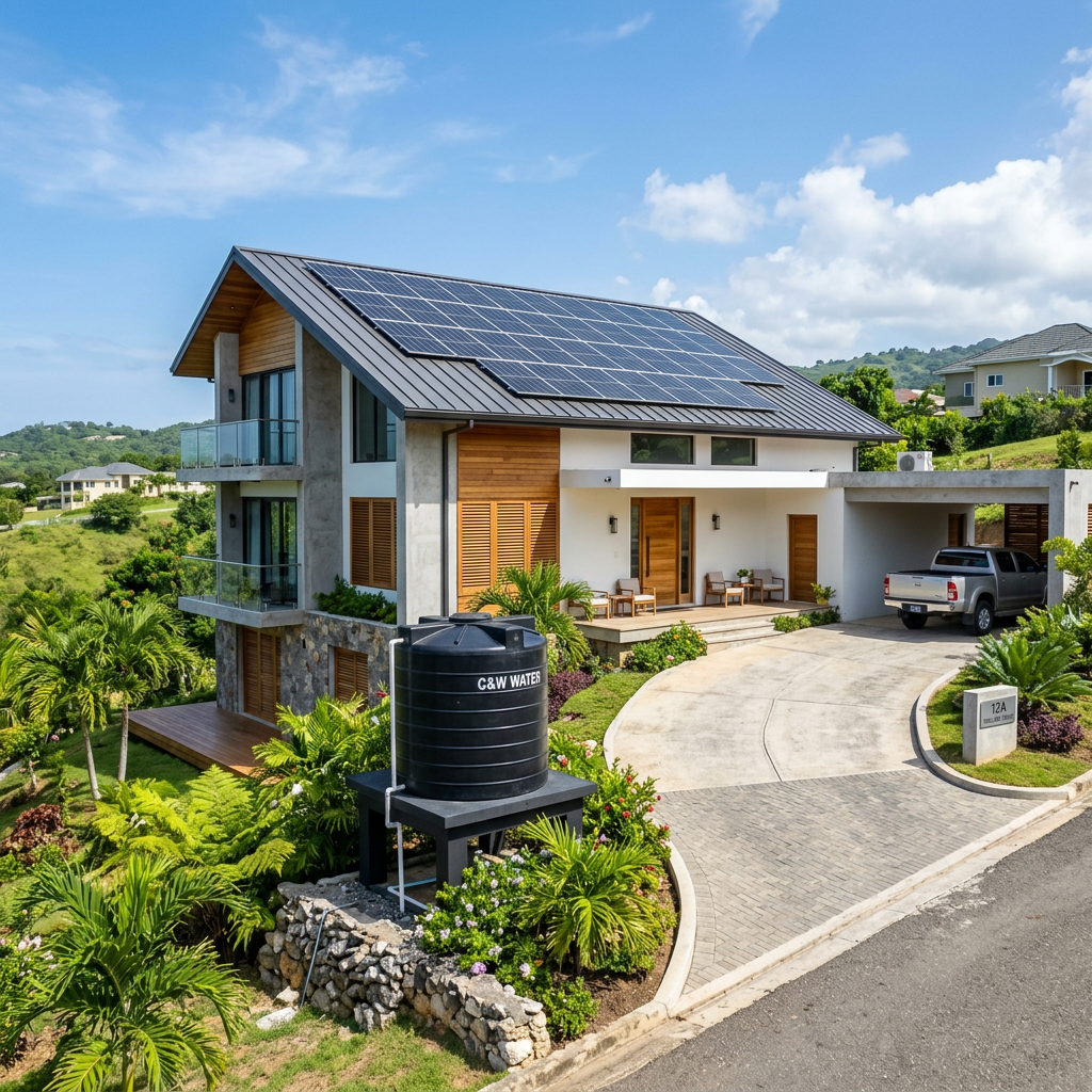 Building a Home in Jamaica: Costs and Considerations for 2026 Modern house with solar panels on the roof, driveway, and surrounding greenery