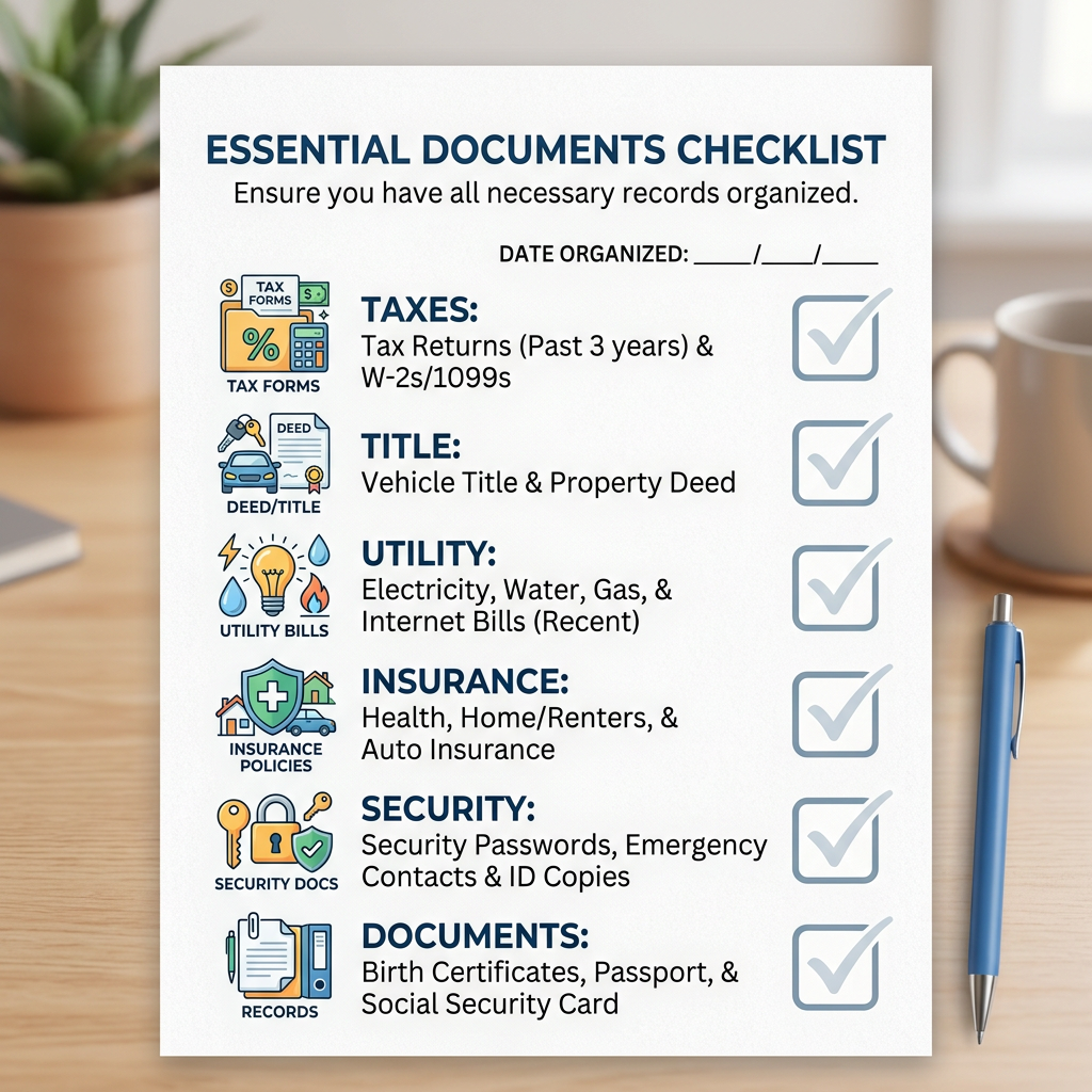 Checklist titled Essential Documents Checklist listing taxes, title, utility, insurance, security, and documents with icons and checkboxes