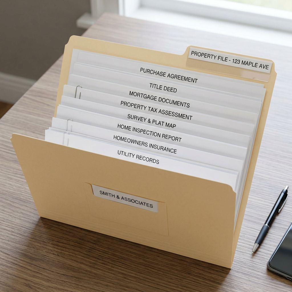 Folder labeled 'Property File - 123 Maple Ave' with tabs for purchase agreement, title deed, mortgage documents, and more