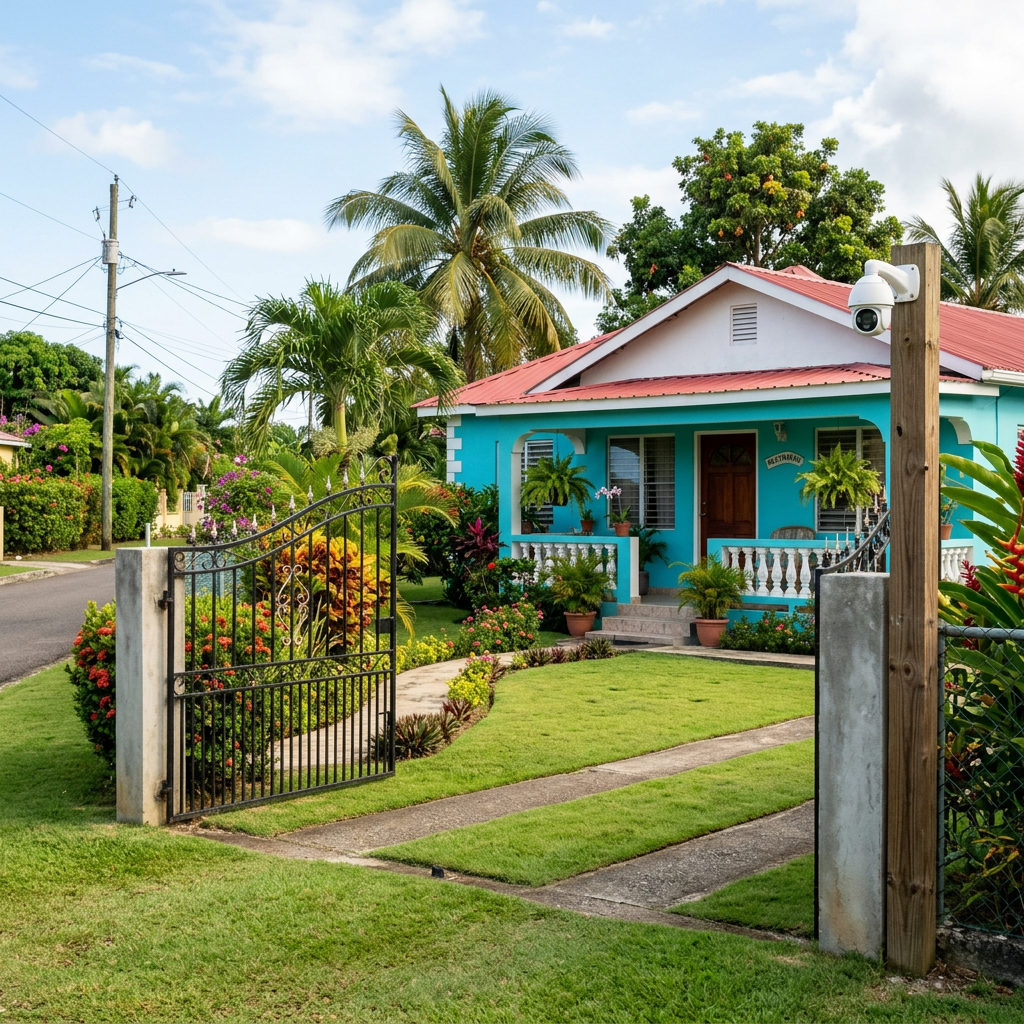 Blue tropical house with red roof, gated garden, and outdoor security camera