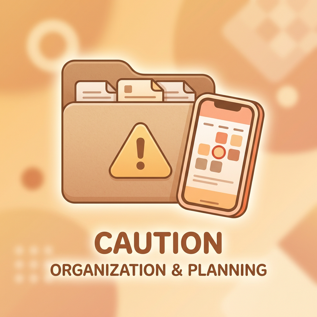 Folder with caution symbol and smartphone with app icons representing organization and planning