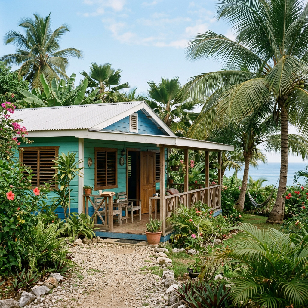Turquoise wooden bungalow with a porch in a lush tropical garden by the sea