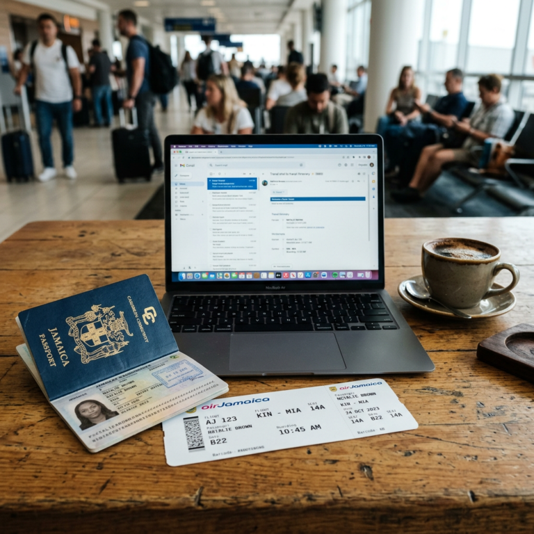 How to Renew a Jamaican Passport from Overseas (2026 Guide) Jamaican passport, boarding pass, open laptop with itinerary on screen, coffee cup on table