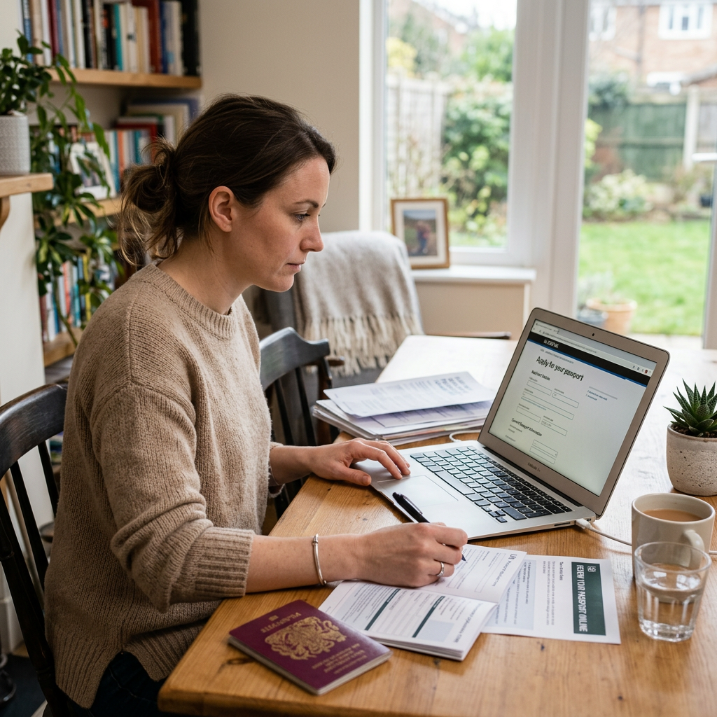 How to Renew a Jamaican Passport from Overseas (2026 Guide) Woman completing UK passport application form on laptop with documents