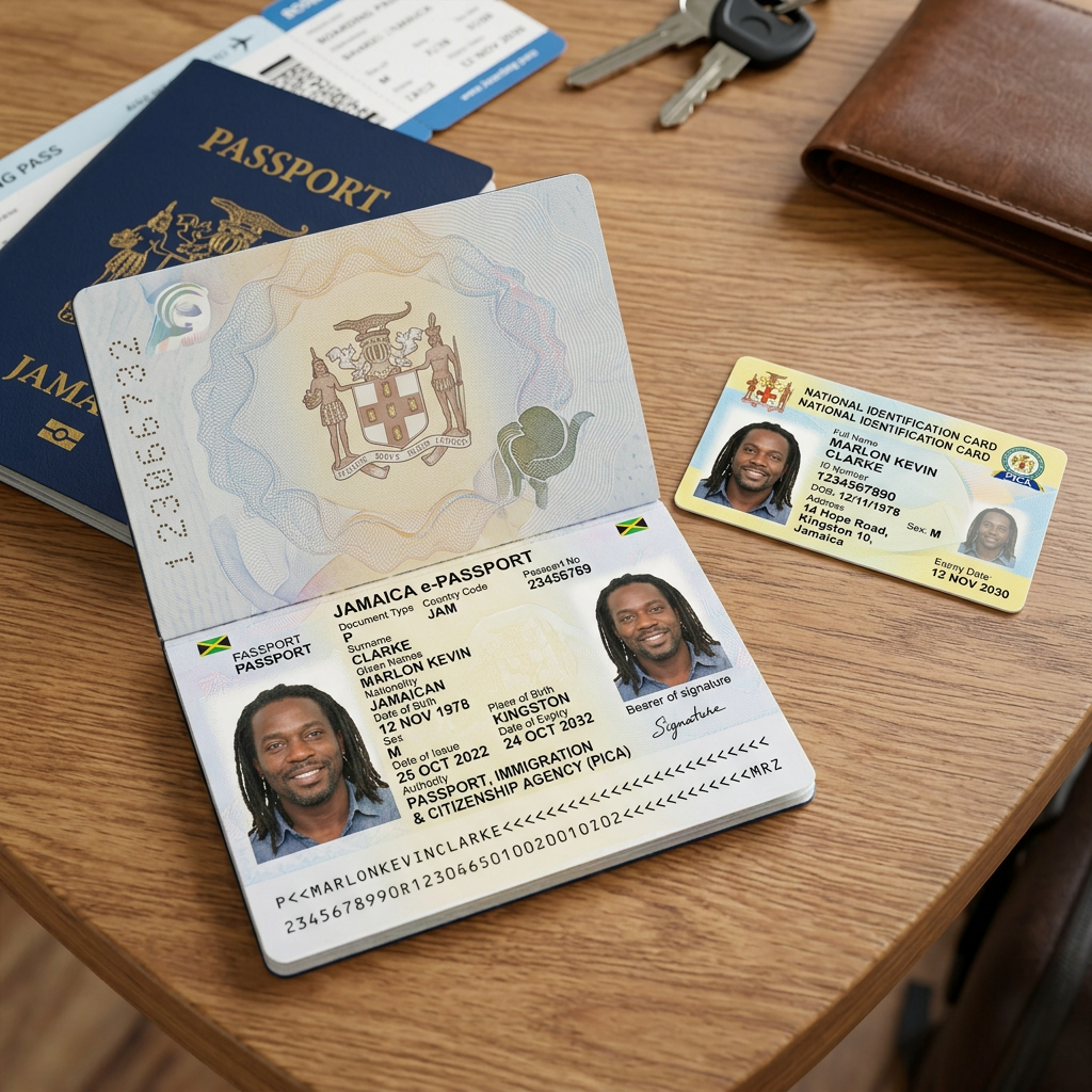How to Renew a Jamaican Passport from Overseas (2026 Guide) Jamaican e-passport and national identification card for Marlon Kevin Clarke