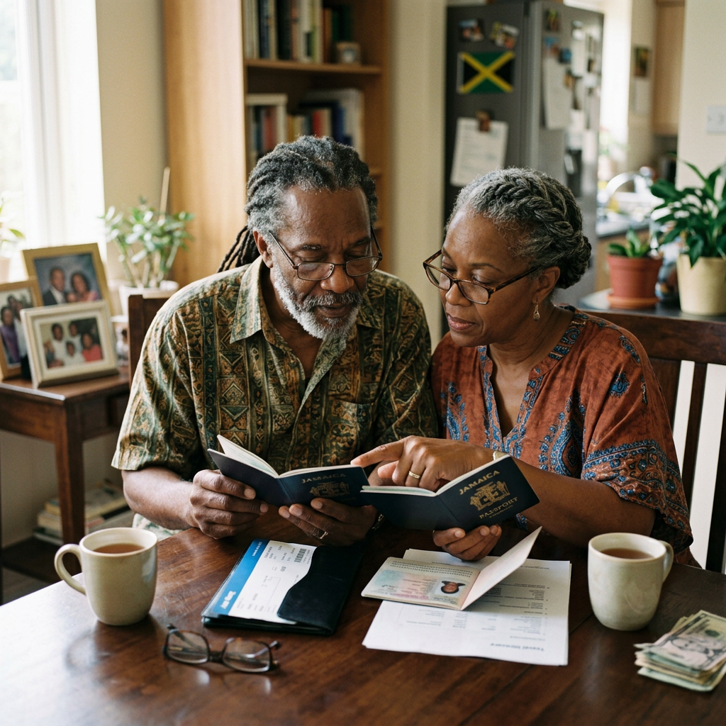 How to Renew a Jamaican Passport from Overseas (2026 Guide) Older couple looking at Jamaican passports and travel documents at a table
