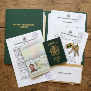 Jamaican passport, ID, land title deed, property transfer documents, and keys with Jamaican flag keychain