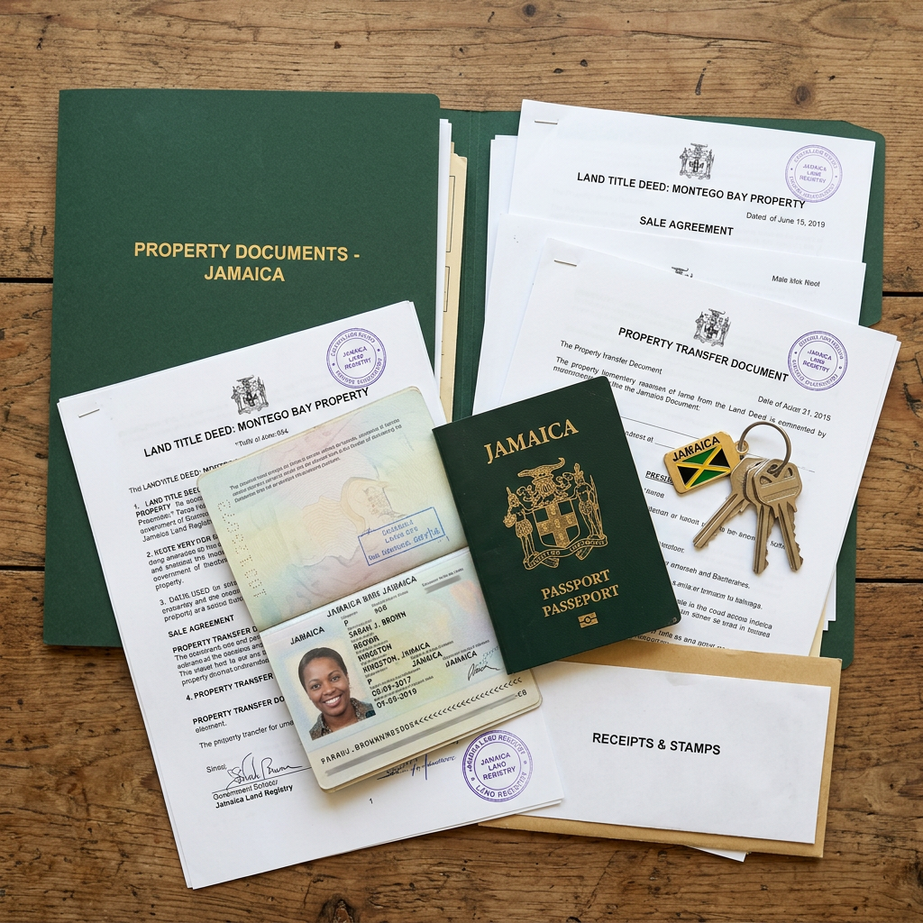 Jamaican passport, ID, land title deed, property transfer documents, and keys with Jamaican flag keychain