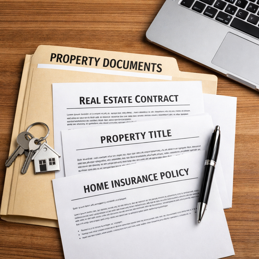 Real estate contract, property title, and home insurance policy with house keys and a pen